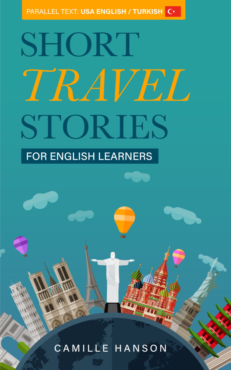 Flying over landmarks like Eiffel Tower, Christ the Redeemer, and St. Basil's Cathedral. Book cover for language learners showcases cultural diversity.