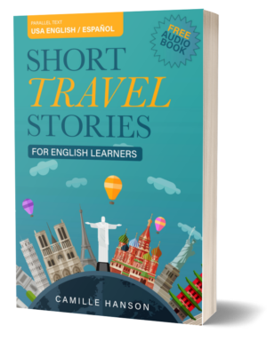 Book cover with iconic landmarks: Eiffel Tower, Christ the Redeemer, St. Basil's Cathedral. Title: "Short Travel Stories"; bilingual text in English and Spanish.