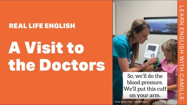 A person taking a child's blood pressure in a doctor's office, with educational text about a visit to the doctor.