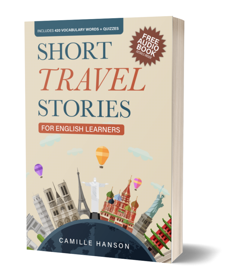 Book cover titled "Short Travel Stories" includes landmarks like Big Ben, Notre Dame, Eiffel Tower, Christ the Redeemer, St. Basil's Cathedral, and pagoda.