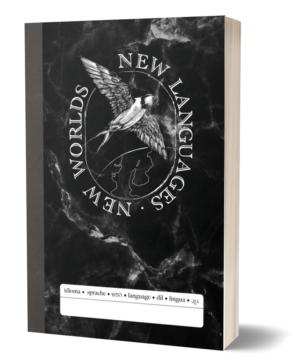 A book titled "New Languages, New Worlds" shows a bird with a globe background on a dark marbled cover, mentioning "idioma, sprache, language."