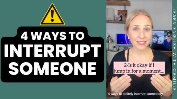 A person is teaching ways to interrupt someone politely. The image features text graphics and a home office setting.