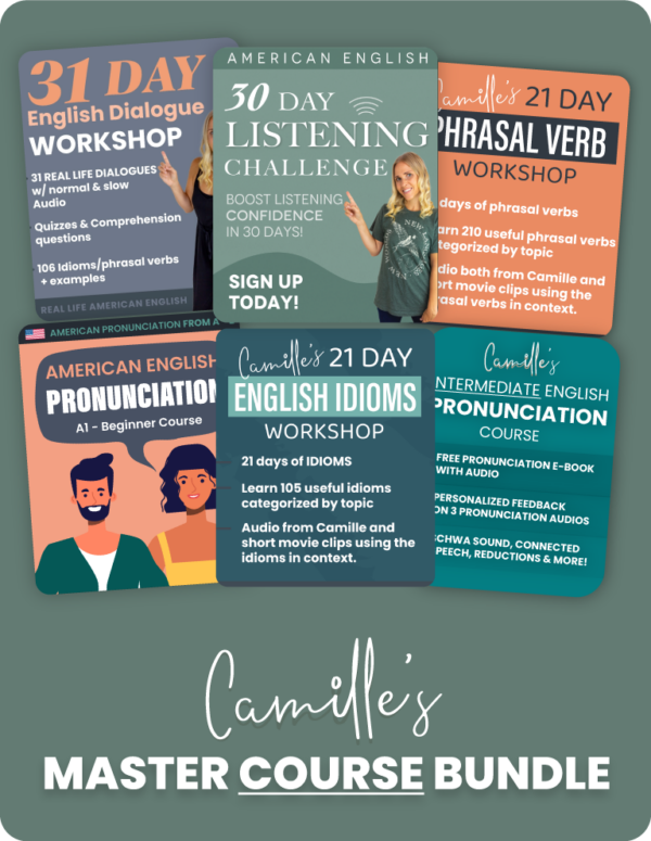 Promotional image showcasing Camille's English language courses, featuring workshops on dialogue, listening, phrasal verbs, idioms, and pronunciation with descriptive text and images.