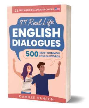 Illustrated book cover titled "77 Real Life English Dialogues," featuring two people raising hands and promoting 500 common English words.