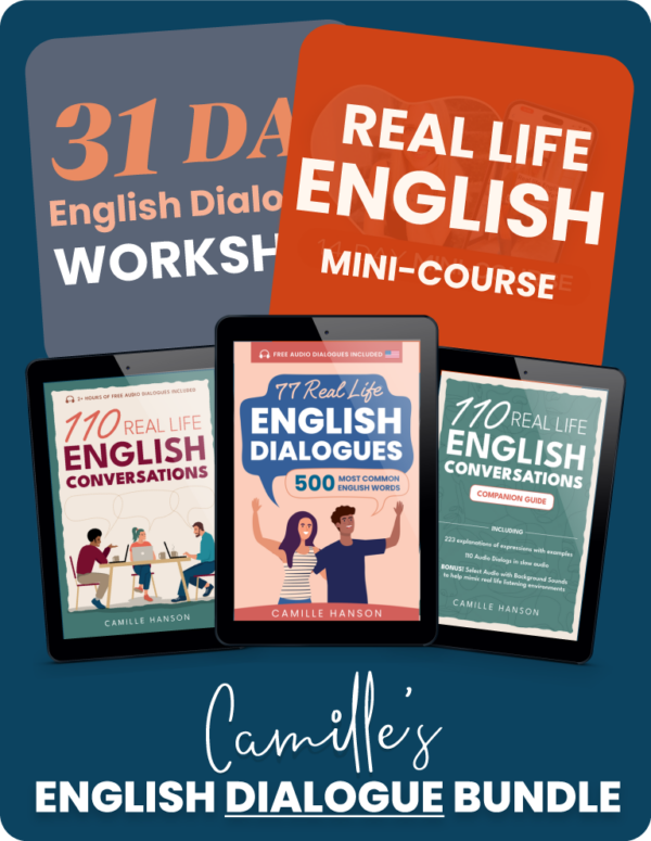A graphic promoting "Camille's English Dialogue Bundle" features courses and e-books on English conversations and dialogues, highlighting real-life scenarios and common phrases.