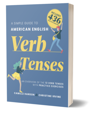 Book cover titled "A Simple Guide to American English Verb Tenses," featuring cartoon people and highlighting 436 practice exercises.