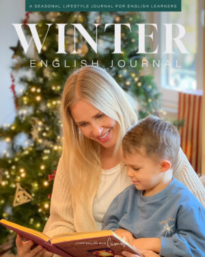 A person and child reading a book together by a decorated Christmas tree, featured on the cover of "Winter English Journal".