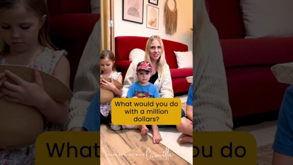 A person and two children sitting indoors. A red couch and framed art are in the background. Text reads, "What would you do with a million dollars?"