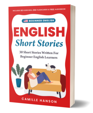 The book cover features a person reading on a sofa with a cat, titled "English Short Stories" by Camille Hanson for beginners.