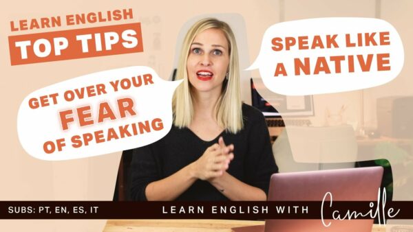 A person discusses English learning tips, emphasizing overcoming speaking fears and achieving native fluency. Subtitles available in multiple languages.