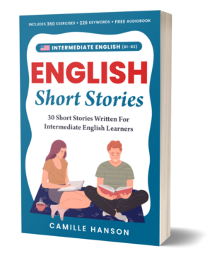 A book cover titled "English Short Stories" features two people reading. It's designed for intermediate English learners, written by Camille Hanson.