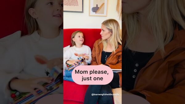 A child and person sit on a red couch, having a conversation. Text overlay reads, “Mom please, just one."