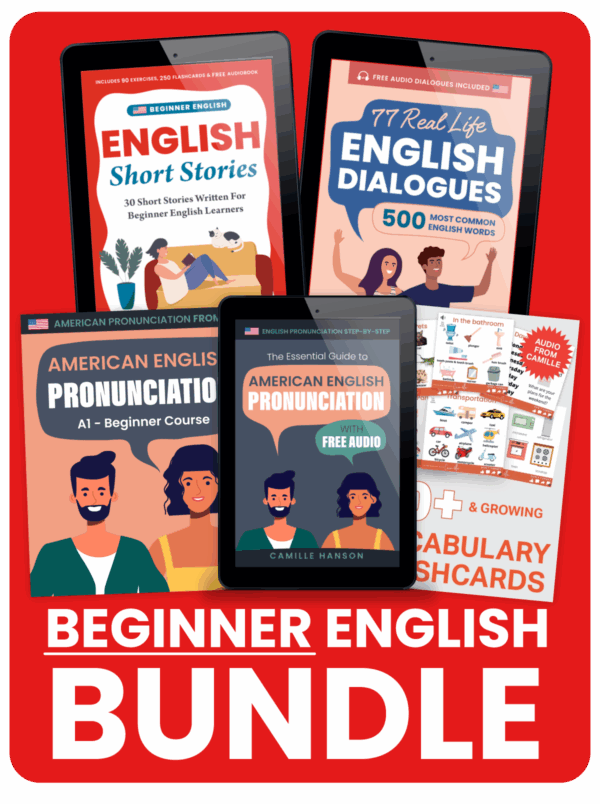 Four educational e-books on tablets offer beginner English learning resources, including short stories, dialogues, pronunciation guides, and vocabulary flashcards, featuring illustrated people.