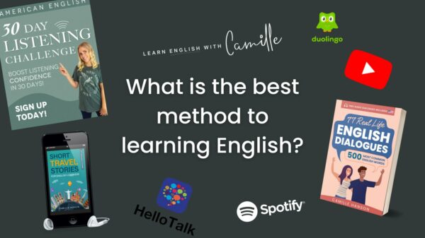 English learning resources image featuring a person, language apps, books, and a listening challenge, asking the best method for learning English.
