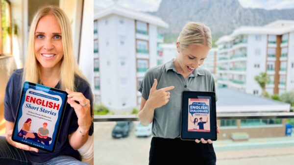 Two images of a person holding a tablet displaying different English learning books. Background shows residential buildings and mountains.