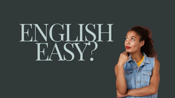 A thoughtful person wearing a denim vest stands beside the text "ENGLISH EASY?" on a dark background.