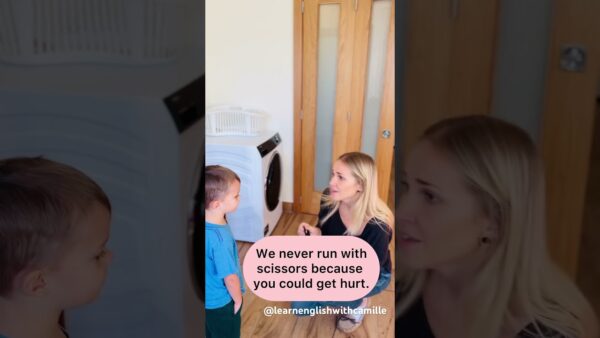 A person kneels, talking to a child in a room with a washing machine. Text advises against running with scissors.