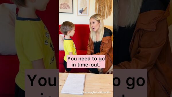 A person and child sit on a red sofa with a notebook; text says, “You need to go in time-out.”