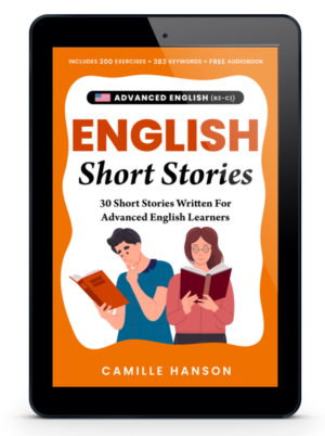 A digital book titled "English Short Stories" by Camille Hanson, featuring illustrated people reading, designed for advanced English learners.