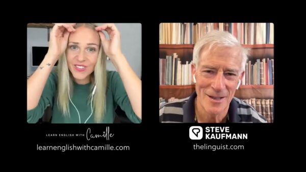 Camille and Steve Kaufmann having a video call, each in a separate frame. Website names, learnenglishwithcamille.com and thelinguist.com, are displayed below each person.
