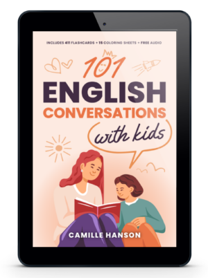 Illustrated book cover on a tablet, titled "101 English Conversations with Kids." Features a person and child reading together.