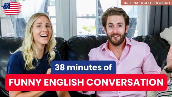 Two people sit on a couch, smiling, promoting a 38-minute video on funny English conversation for intermediate learners.