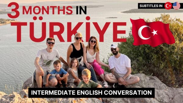 A group of people and children sit on rocks by water, with Turkish flag and text about staying in Türkiye for three months.