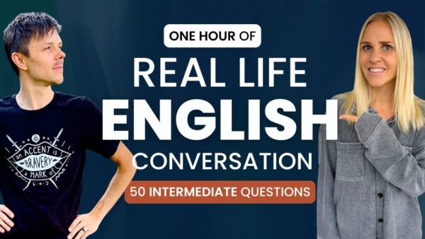 Two people on a promotional image for English conversation, featuring text about "one hour" and "50 intermediate questions."