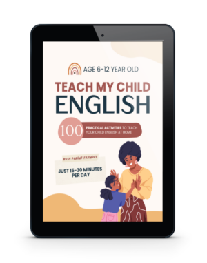 A digital display of a book cover titled "Teach My Child English" for ages 6-12, featuring a person teaching a child.