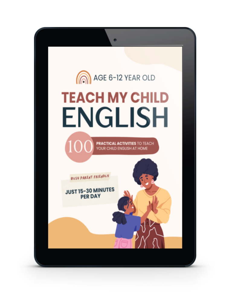 A digital display of a book cover titled "Teach My Child English" for ages 6-12, featuring a person teaching a child.