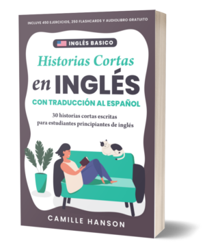A book cover titled "Historias Cortas en Inglés" by Camille Hanson features a person reading on a green sofa with a cat.