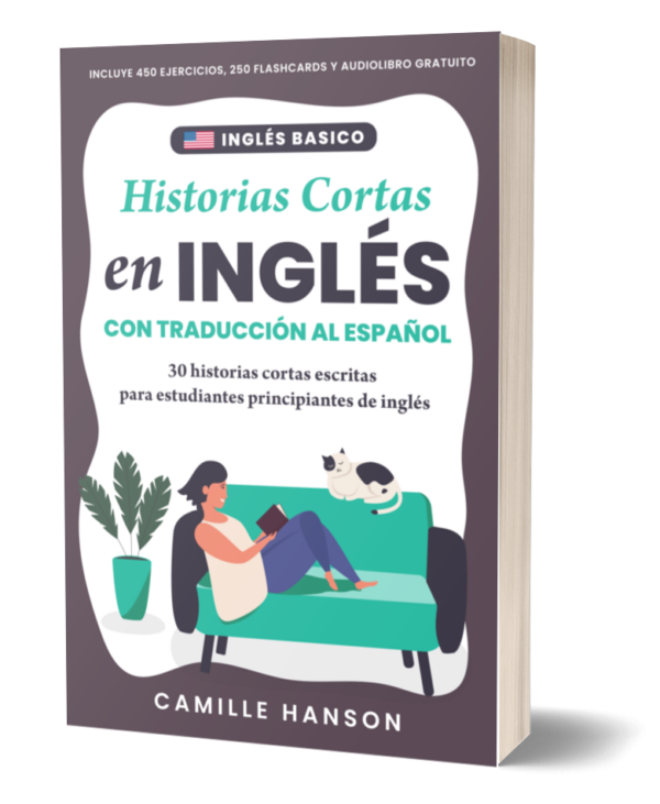 A book cover titled "Historias Cortas en Inglés" by Camille Hanson features a person reading on a green sofa with a cat.