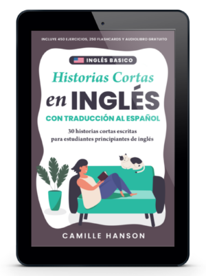 Tablet displaying a book cover titled "Historias Cortas en Inglés" with a cartoon person reading beside a cat on a couch.
