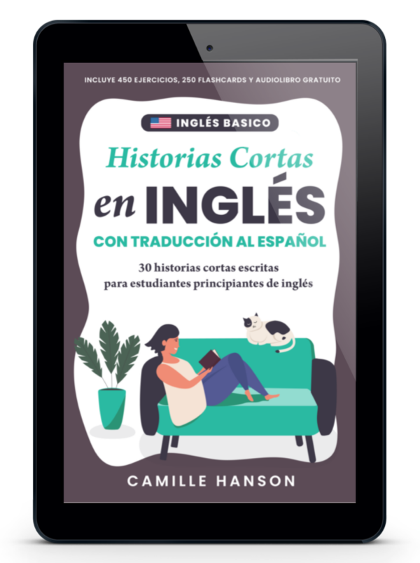 Tablet displaying a book cover titled "Historias Cortas en Inglés" with a cartoon person reading beside a cat on a couch.