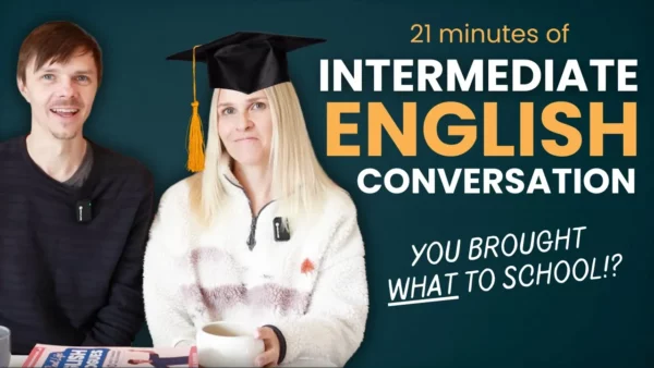 Two people smiling, one wearing a graduation cap, with text about an English conversation course. A cup and book are visible.