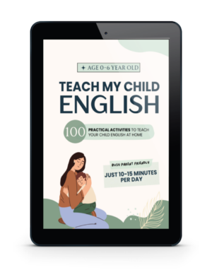 A digital book cover titled "Teach My Child English" features a person hugging a child, highlighting 100 activities for ages 0-6 by Camille Hanson