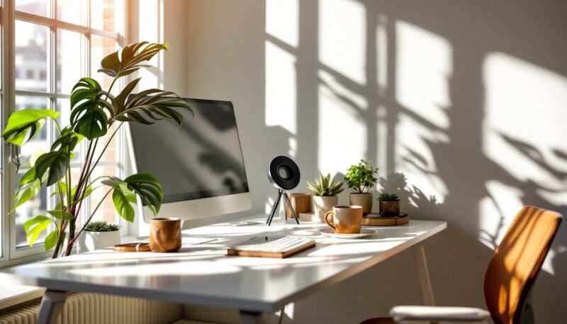A sunlit office space with a computer, keyboard, and mugs on a white desk. Houseplants add greenery, casting shadows on the wall. Post about English phrasal verbs about productivity.