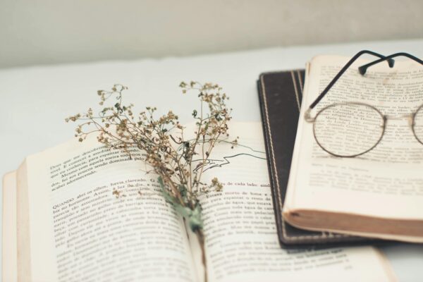 Two open books with text, a pair of glasses, and a small dried plant placed on the pages, creating a serene scene.