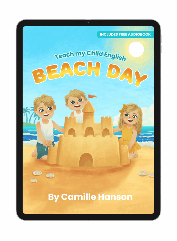 Children playing with a large sandcastle on a sunny beach, accompanied by seashells. An ocean and palm trees are in the background.