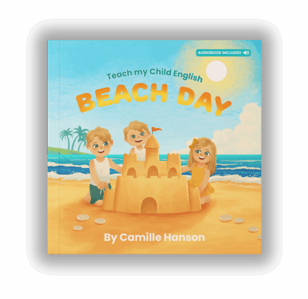 Children are building a sandcastle on a sunny beach. The book title "Beach Day" is displayed with an included audiobook.