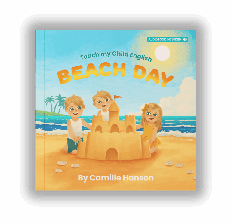 Children are building a sandcastle on a sunny beach. The book title "Beach Day" is displayed with an included audiobook.