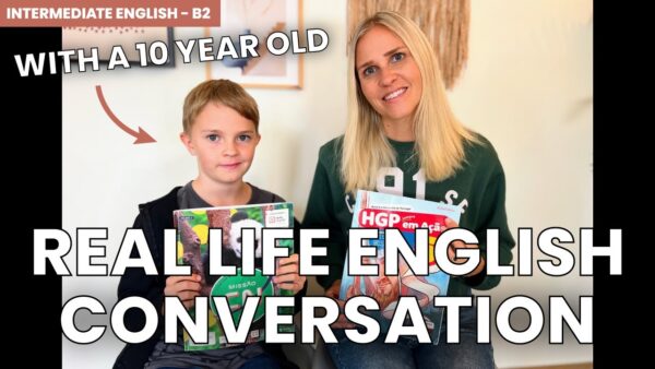 A person and a child holding books, text promoting an English conversation lesson, with a framed picture in the background.