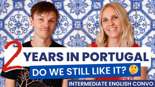 Two people in front of azulejo tiles discuss living in Portugal for two years, featuring text about their experience.