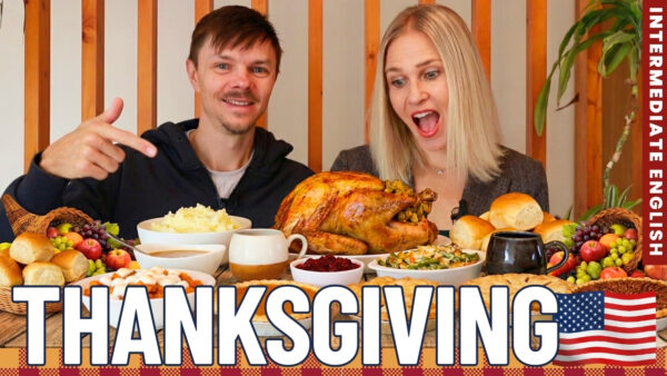 Two people sit at a table with a Thanksgiving feast, including turkey and side dishes. "THANKSGIVING" text and American flag are visible.