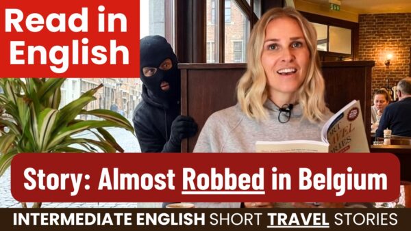 A person reads in a café, unaware of another person in a mask behind a column. Text describes a story about an almost robbery.